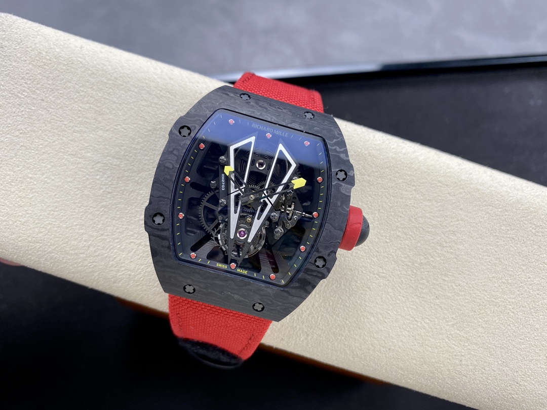 Swiss Replica Richard Mille RM27-03 Black Carbon Fiber Case with Red Woven Strap