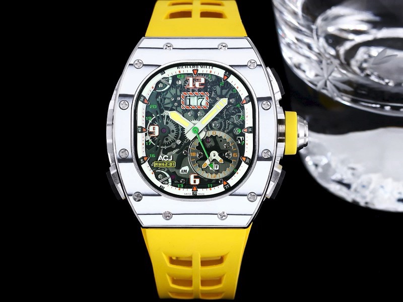 Replica Richard Mille 62-01 Tourbillon ACJ Watch with Yellow Rubber Strap – High-Precision Skeleton Dial & Titanium Case