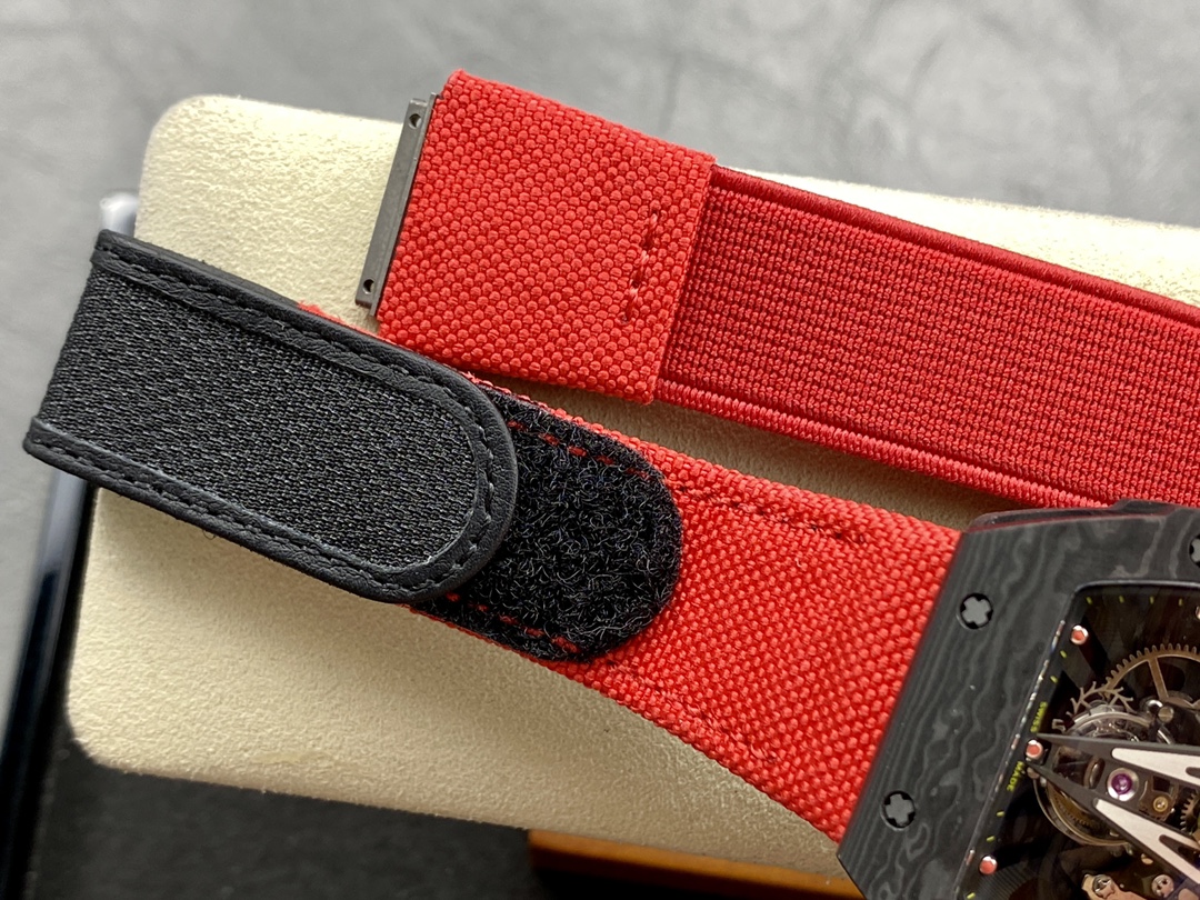 Swiss Replica Richard Mille RM27-03 Black Carbon Fiber Case with Red Woven Strap