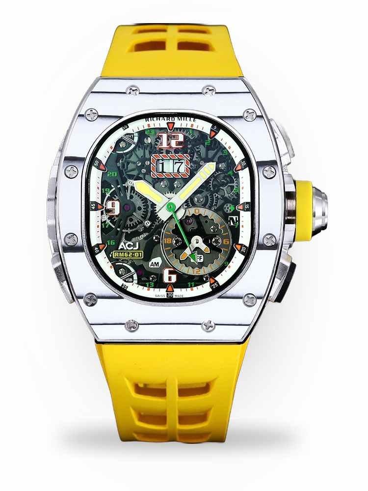 Replica Richard Mille 62-01 Tourbillon ACJ Watch with Yellow Rubber Strap – High-Precision Skeleton Dial & Titanium Case