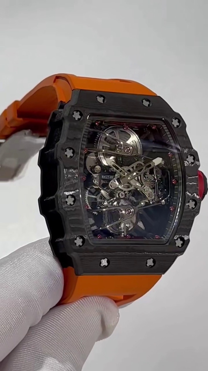 Swiss Durable Richard Mille RM 27-02 Rafael Nadal Replica Watch With Carbon Fiber Case, Orange Rubber Strap