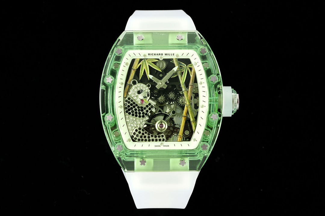 Luxury Replica Richard Mille RM 26-01 Panda Tourbillon Watch Full Crystal Case Skeleton Dial with White Rubber Strap