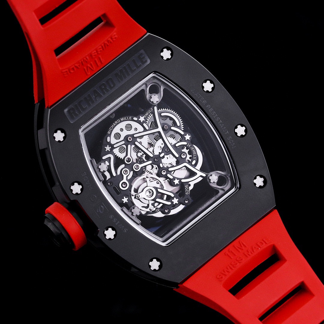 Luxurious Replica Richard Mille RM 055 Bubba Watson Black Ceramic Case with Red Rubber Strap – Bold Skeleton Dial