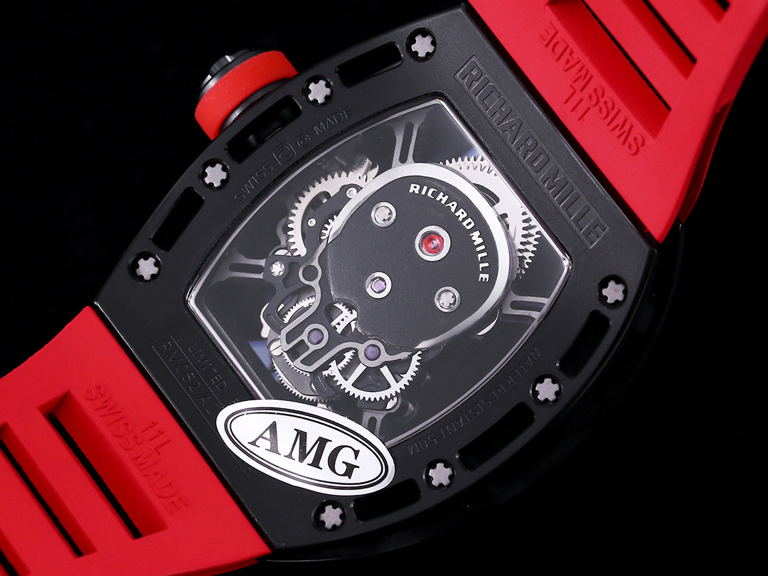 Replica Richard Mille RM052 Titanium Skeleton Tourbillon Watch with Red Rubber Strap