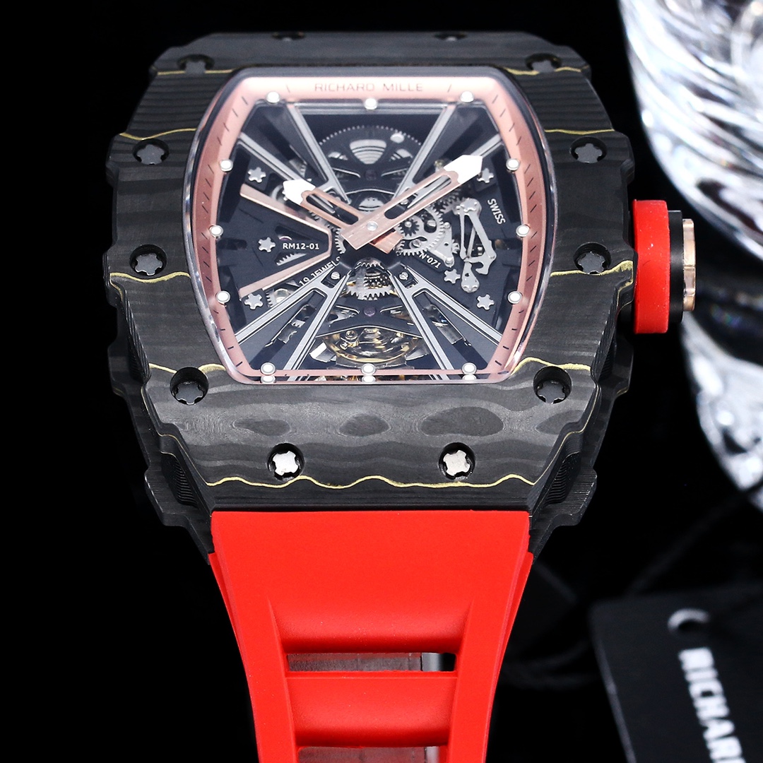 Swiss Richard Mille RM 12-01 Tourbillon Replica – Black Carbon Fiber Case With Red Rubber Strap