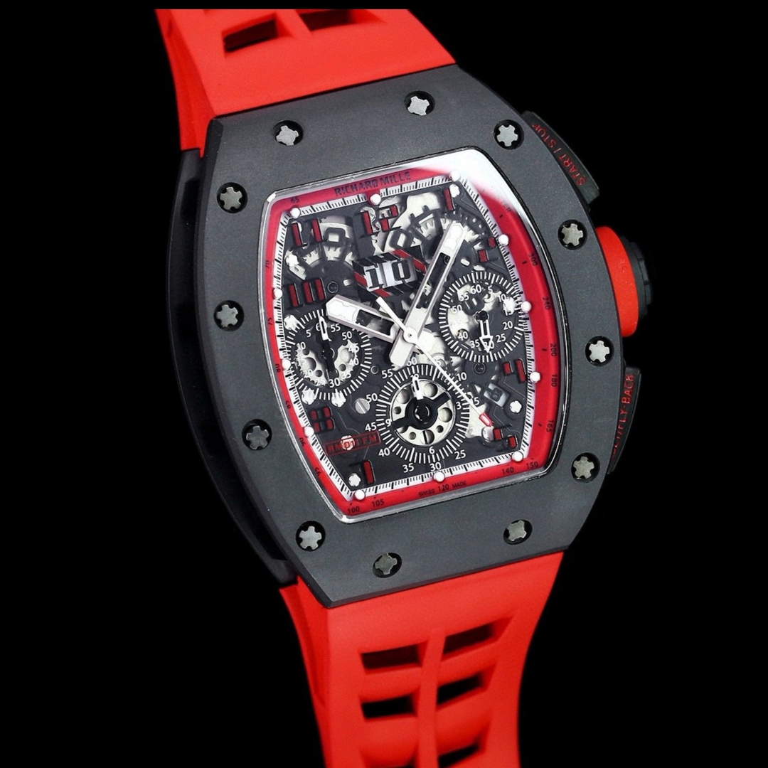 Luxury Men’s Richard Mille RM 011 Replica Watch, Black Ceramic Case, Red Rubber Strap
