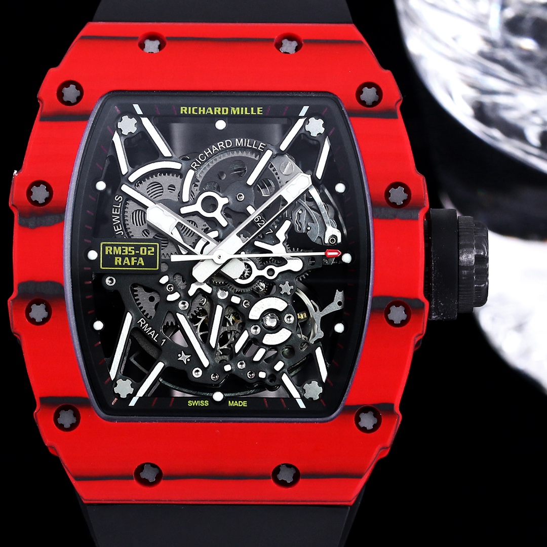 Swiss Replica Richard Mille RM 35-02 Rafael Nadal Red Carbon Watch With Black Rubber Strap – Lightweight And Striking Design
