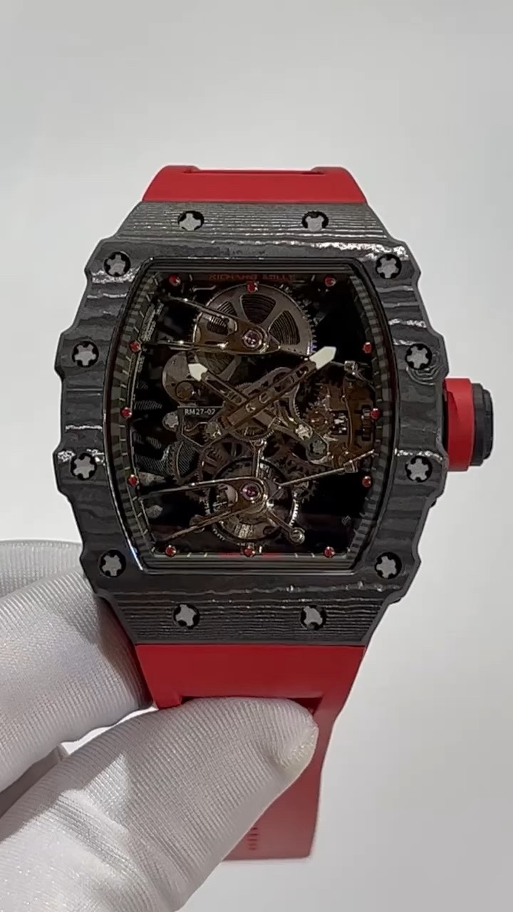 High-End Swiss Richard Mille RM 27-02 Replica Tourbillon Watch – Lightweight Carbon Case, Red Rubber Strap For Sport & Style