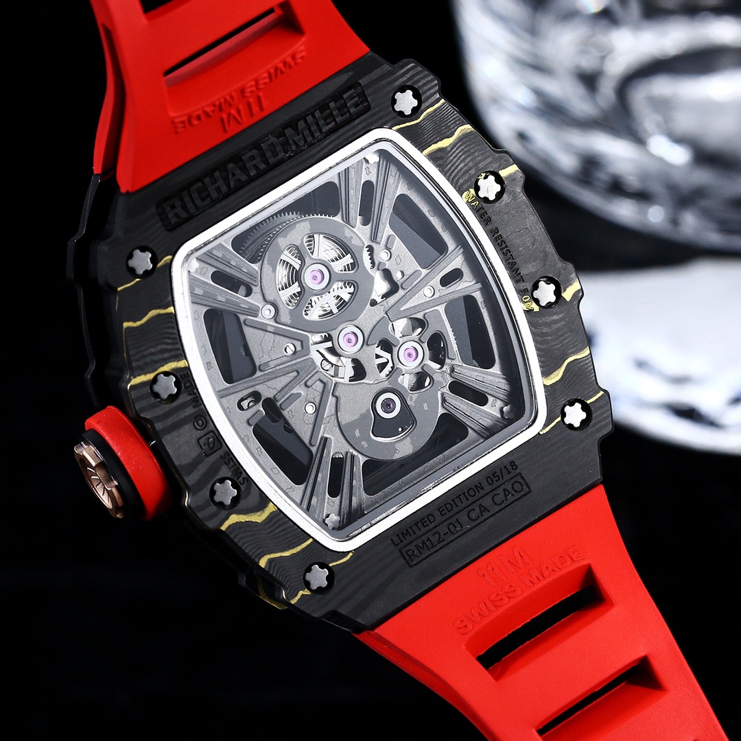 Swiss Richard Mille RM 12-01 Tourbillon Replica – Black Carbon Fiber Case With Red Rubber Strap