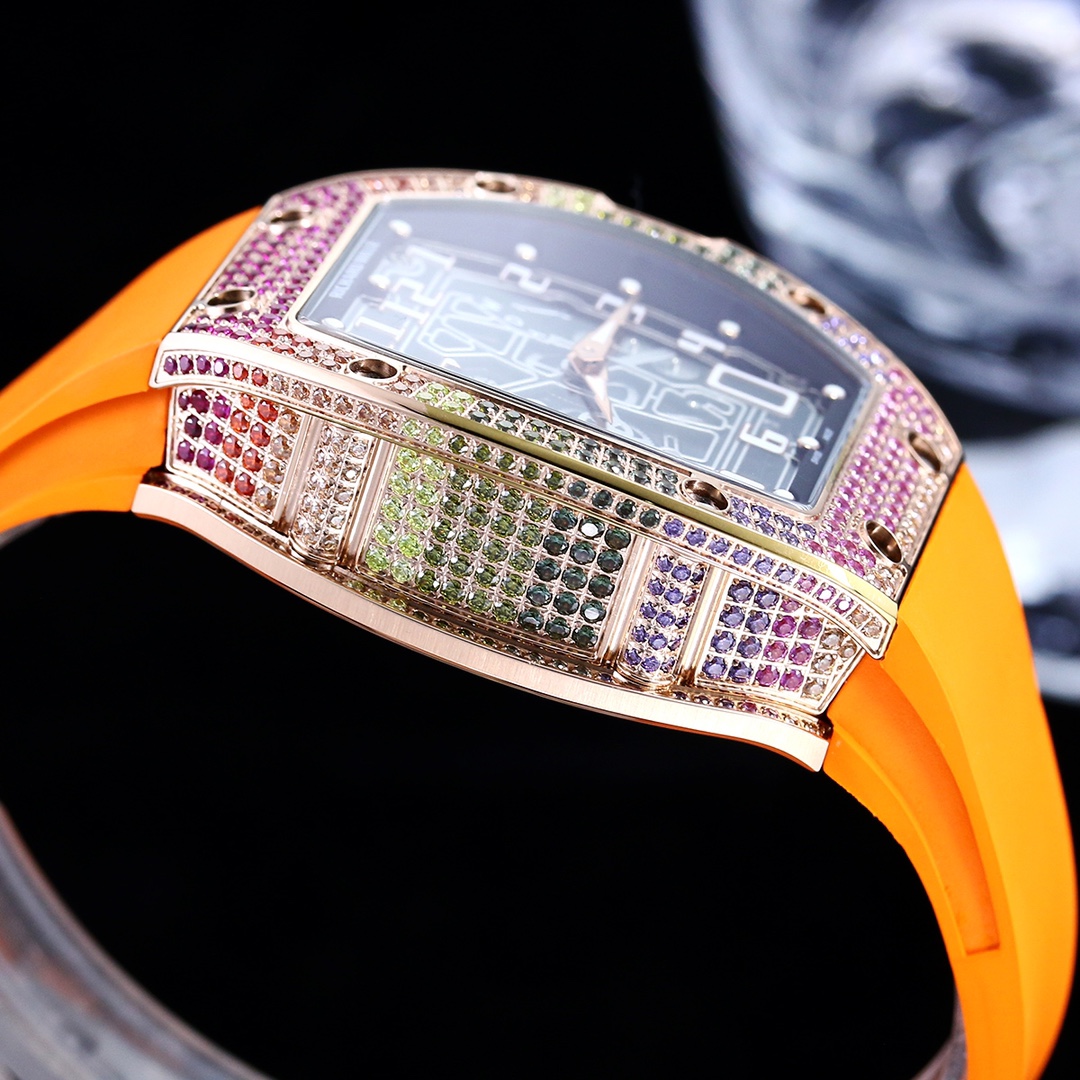 Luxury Replica Richard Mille RM 67-01 Rainbow Diamond Bezel With Orange Rubber Strap Watch