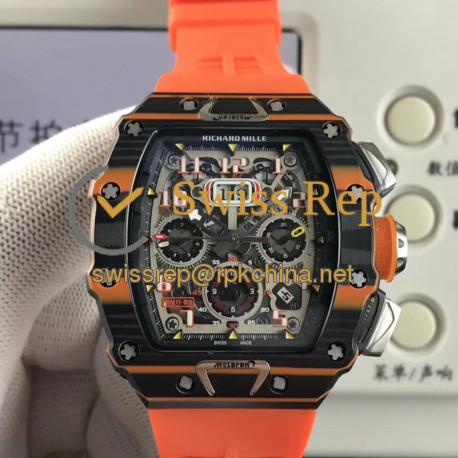RM011-03 McLaren Automatic Flyback Chrono KVF Black &amp; Orange Forged Carbon Skeleton Dial 7750