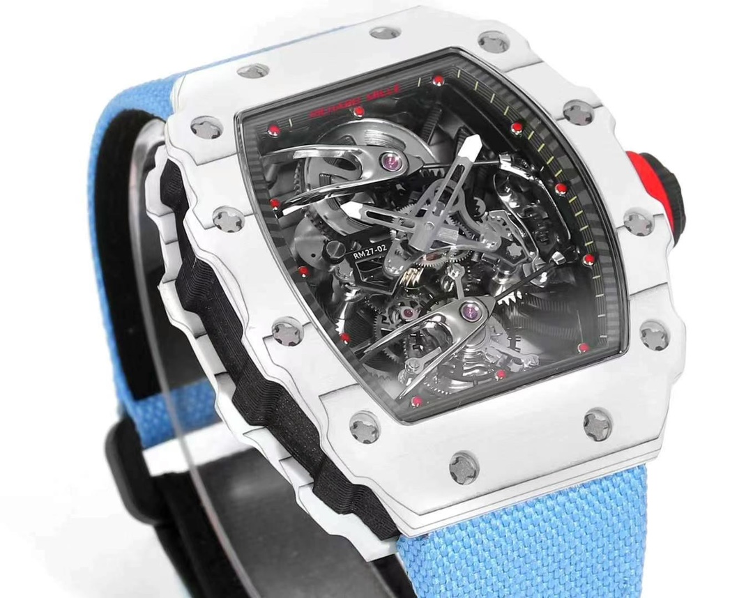 Best Richard Mille RM 27-02 Replica Rafael Nadal Tourbillon Watch – White Carbon Fiber Case, Blue Fabric Strap