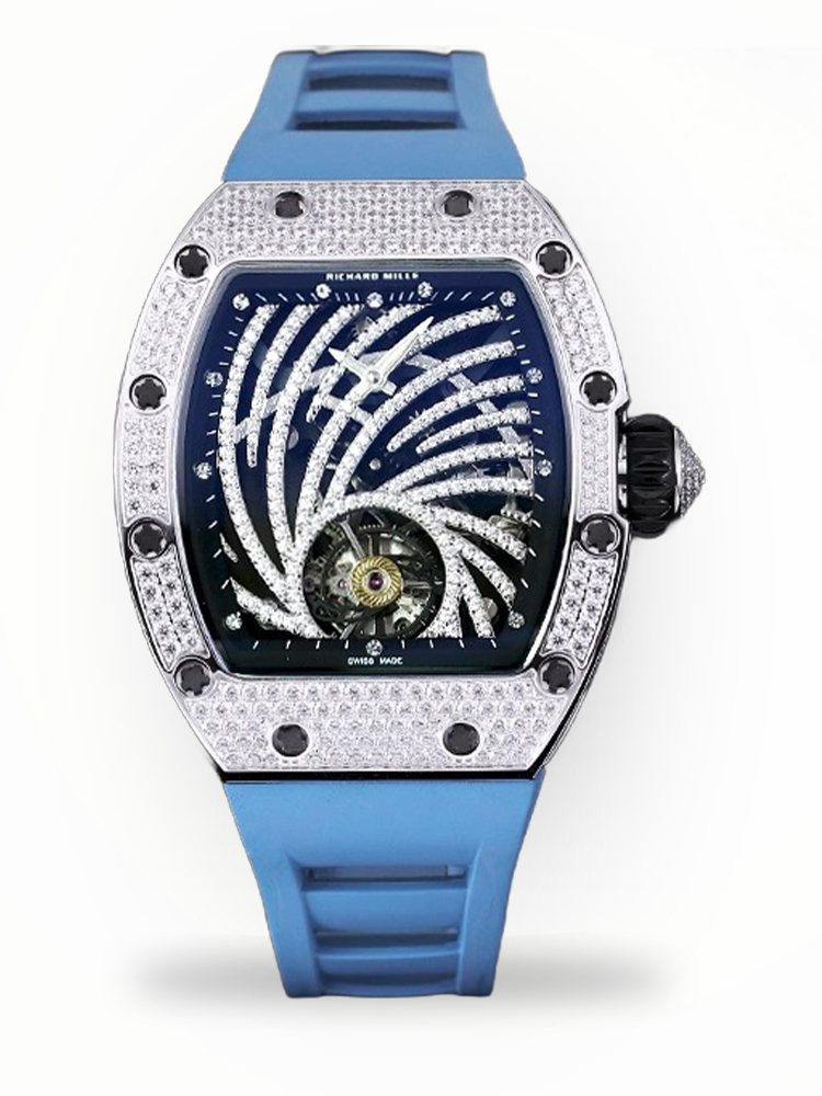Luxury Swiss Richard Mille RM 51-02 Replica – Diamond-Paved Skeleton Dial, Blue Rubber Strap, High-End Tourbillon Watch