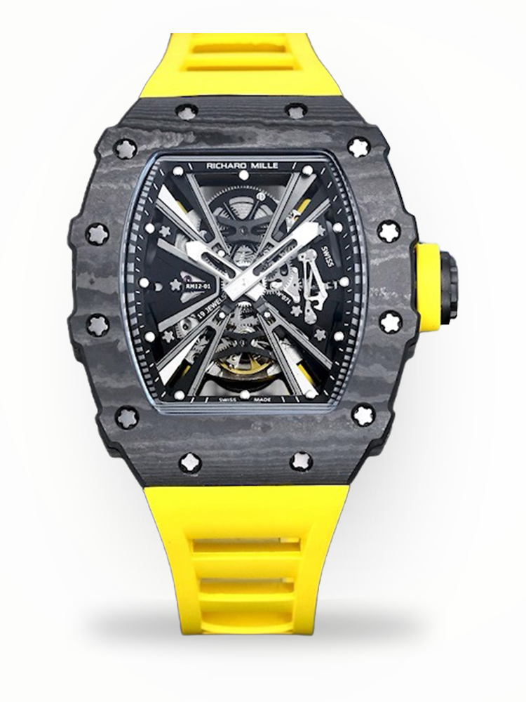 Swiss Replica Richard Mille RM 12-01 Tourbillon – Bold Yellow Rubber Strap, Skeleton Dial, Carbon Case