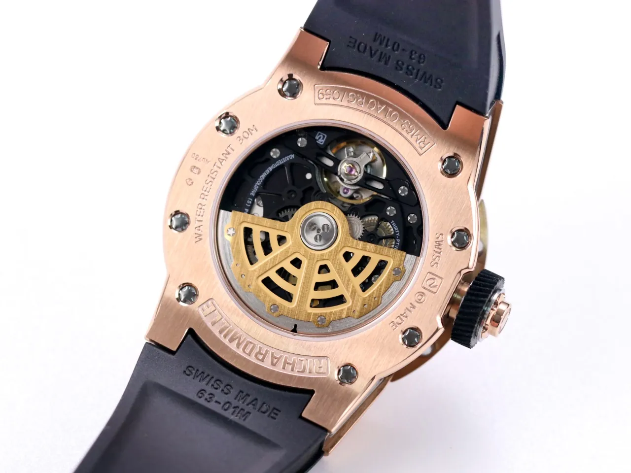 Best Replica Richard Mille RM 63-01 Dizzy Round Skeleton Dial Automatic Watch Big-Date Rose Gold Case
