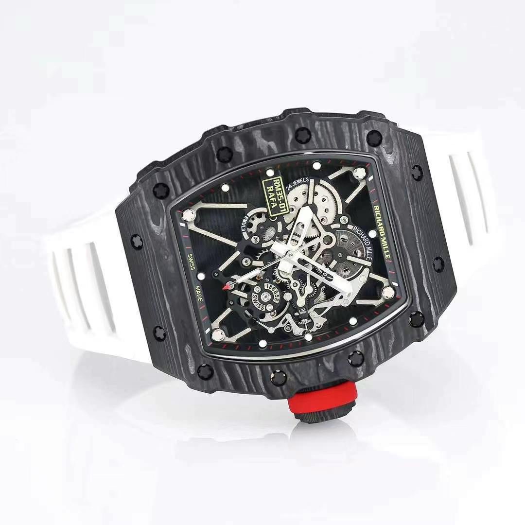 Top Swiss Replica Richard Mille RM35-01 – Carbon Fiber Case & White Rubber Strap
