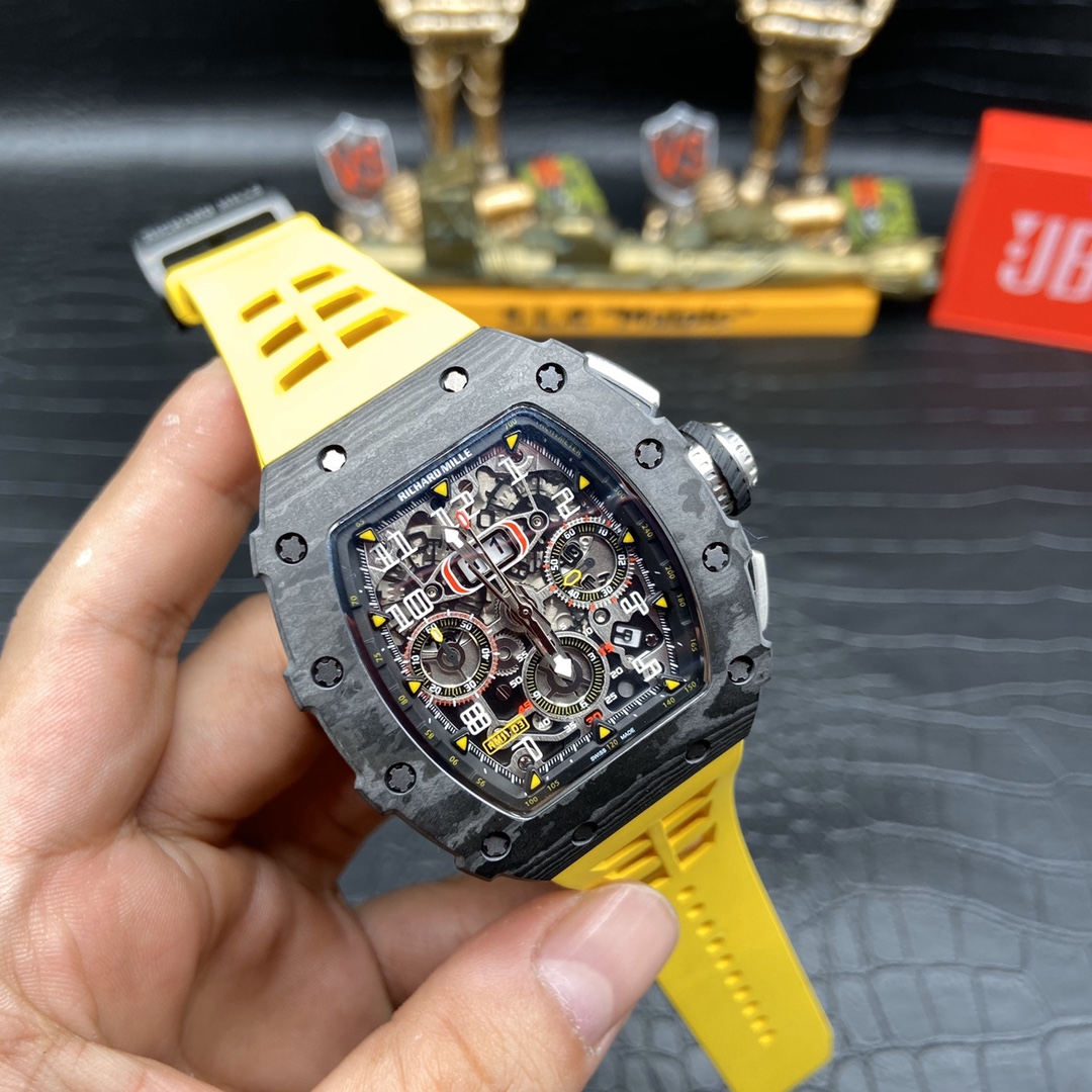 Best Swiss Replica Richard Mille RM 011 Skeleton Dial Watch – Carbon Fiber Case, Yellow Rubber Strap