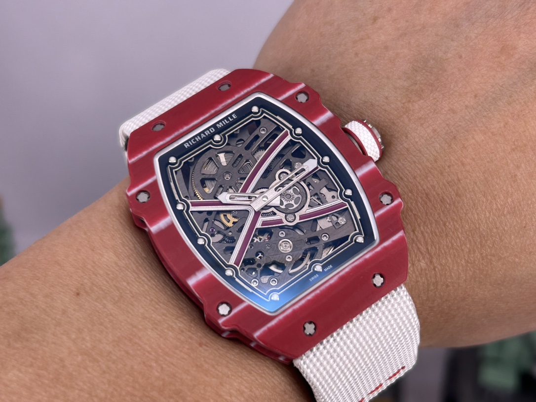 Richard Mille RM 67-02 Mutaz Barshim Replica – Stunning Red Carbon Case, Sports Watch with White Fabric Strap