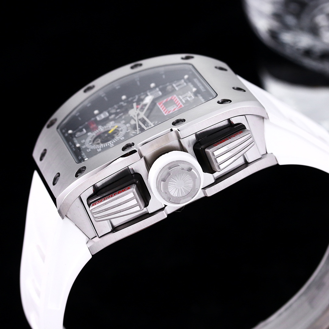 Luxury Swiss Replica Richard Mille RM 011 50mm Watch – Skeleton Dial, White Rubber Strap, Sporty Elegance