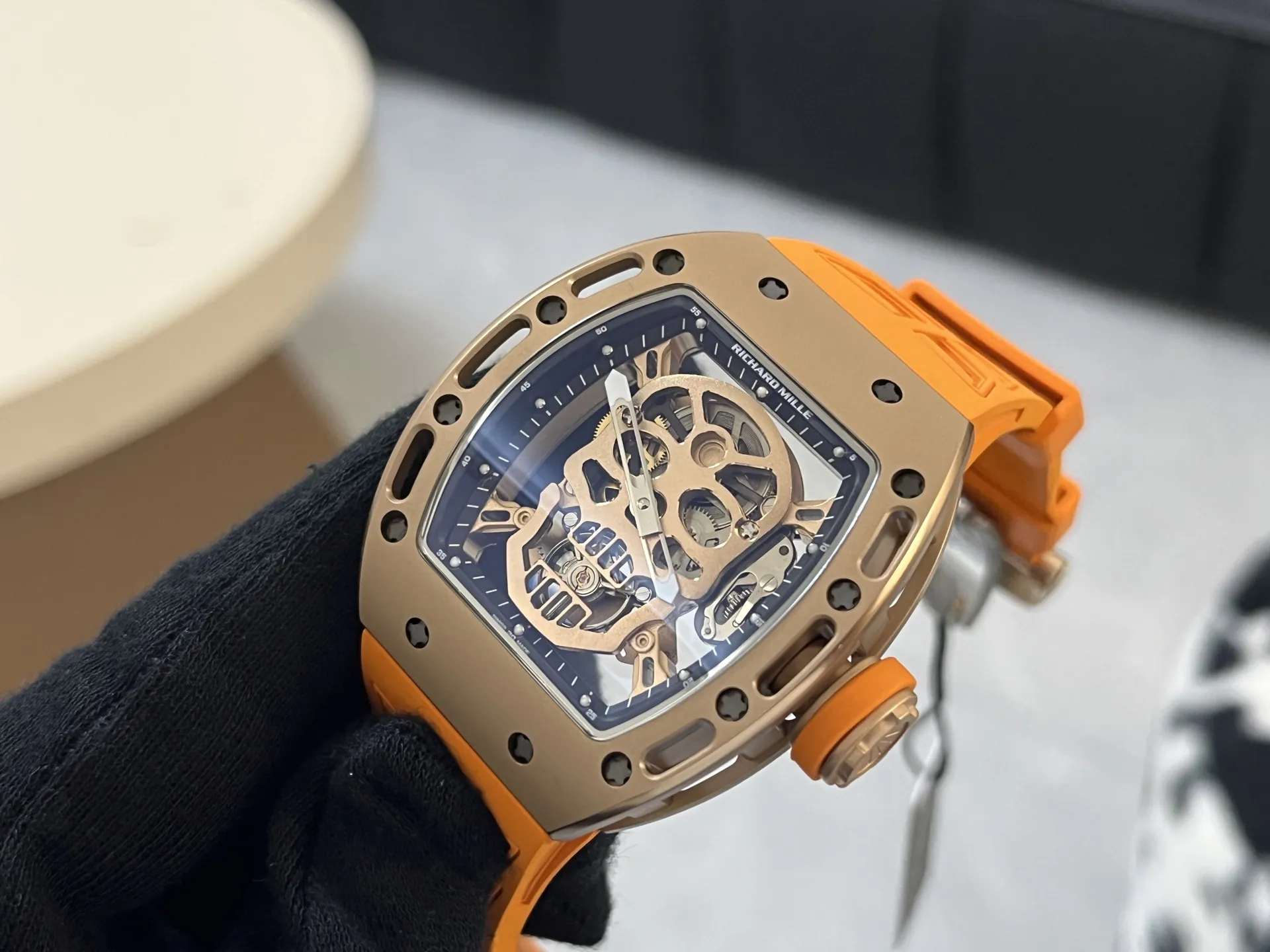Richard Mille RM 052 Upgraded Tourbillon Movement Skull Rose Gold Super Clone - Orange Rubber Strap