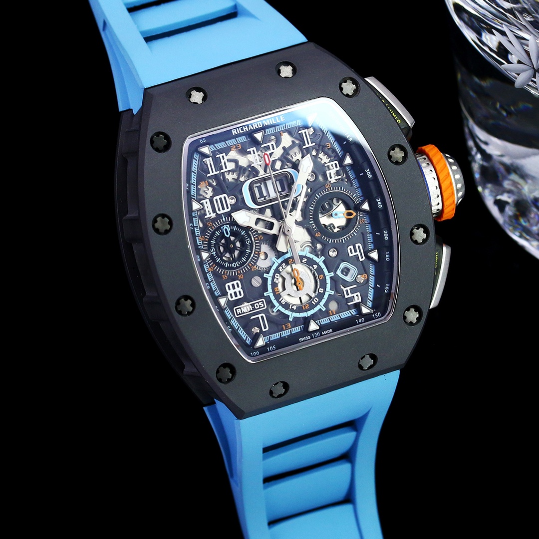 Best Replica Richard Mille RM 11-05 Swiss Watch – Blue Rubber Strap, Skeleton Dial, Carbon Fiber Case