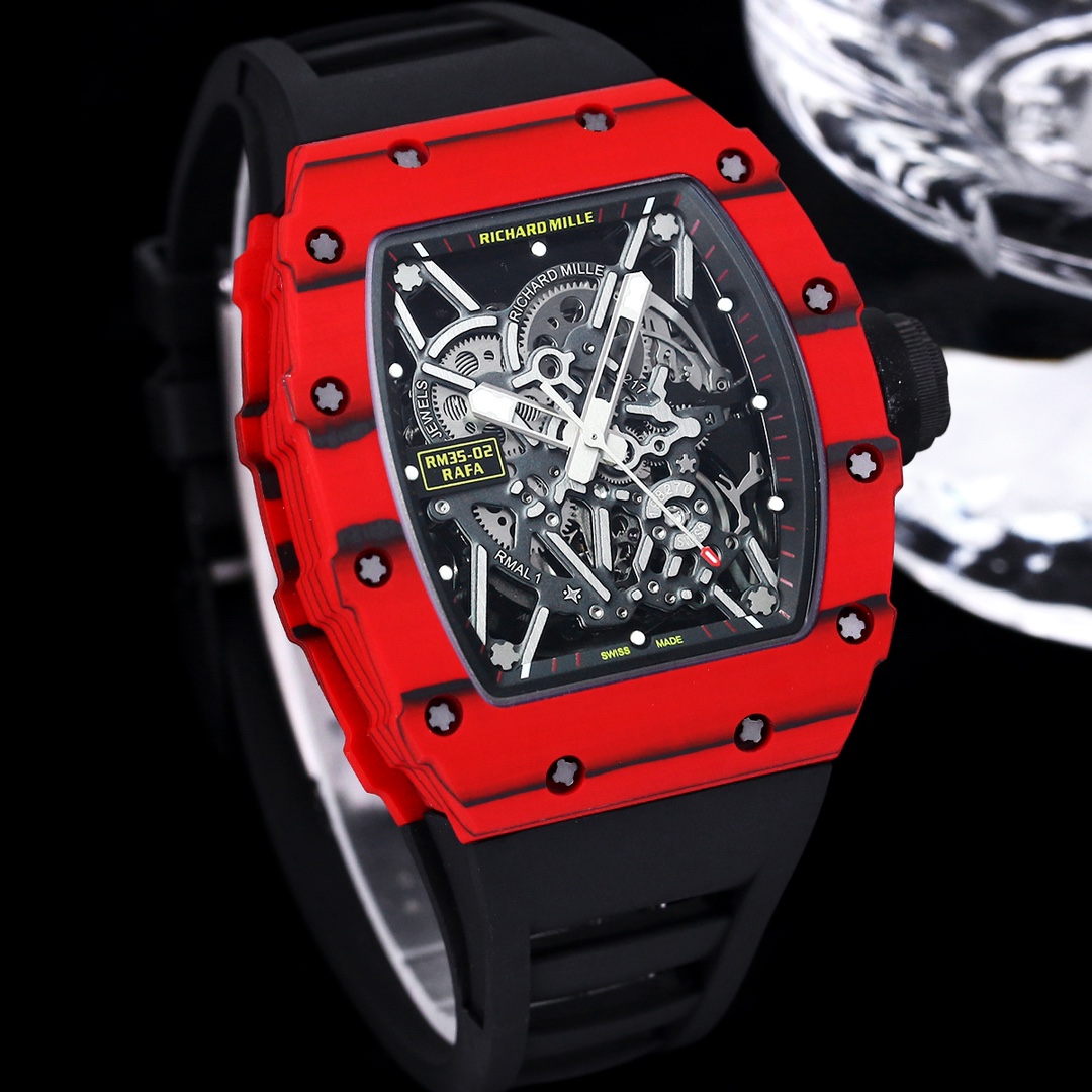 Swiss Replica Richard Mille RM 35-02 Rafael Nadal Red Carbon Watch With Black Rubber Strap – Lightweight And Striking Design