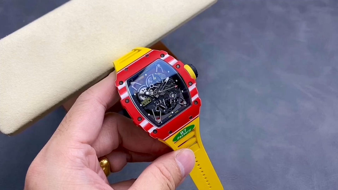 Stylish Swiss Replica Richard Mille RM 35-02 Rafael Nadal Watch – Carbon Fiber Skeleton Dial, Yellow Rubber Strap