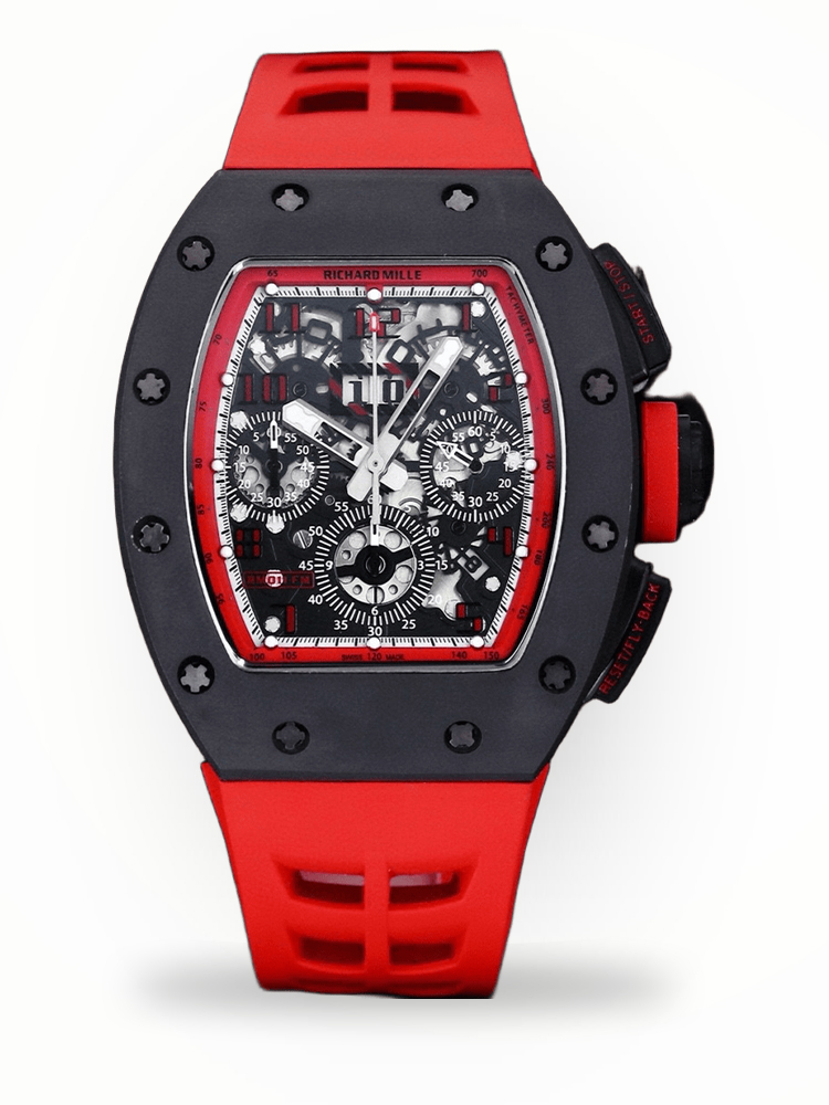 Luxury Men’s Richard Mille RM 011 Replica Watch, Black Ceramic Case, Red Rubber Strap