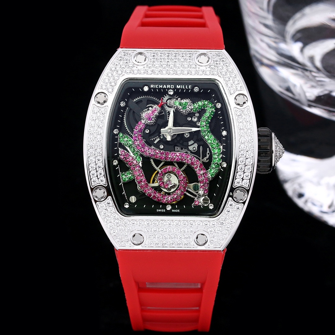Luxurious Richard Mille RM 026 Replica Watch – Swiss Movement, Diamond-Set Steel Case, Red Rubber Strap For Elegance
