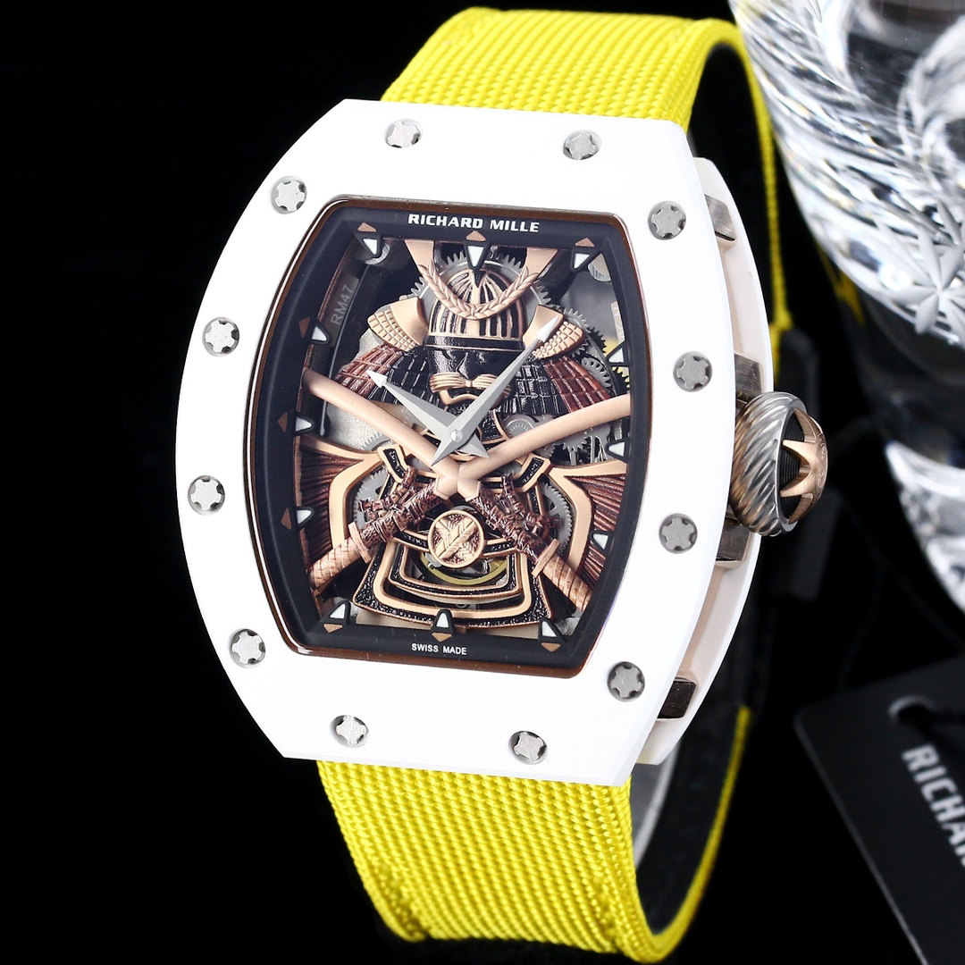 Best Replica Richard Mille RM 047 Tourbillon Watch For Men – Samurai Design, Ceramic Case, Skeleton Dial, Yellow Strap