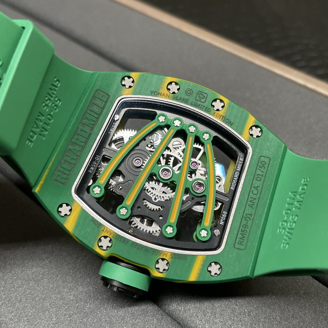 Richard Mille RM 59-01 Tourbillon Super Clone Skeleton Replica Watch Green Carbon Yohan Blake