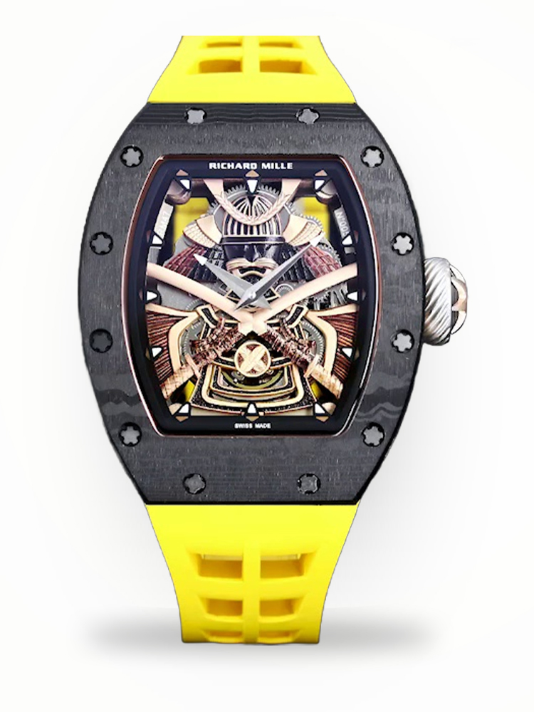 Swiss Samurai Skeleton Replica Richard Mille RM 047 Tourbillon Watch With Carbon Case And Yellow Rubber Strap