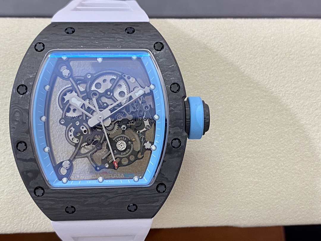 Replica Richard Mille RM055 NTPT Carbon Fiber Light Blue Skeleton Dial Super Clone Watch