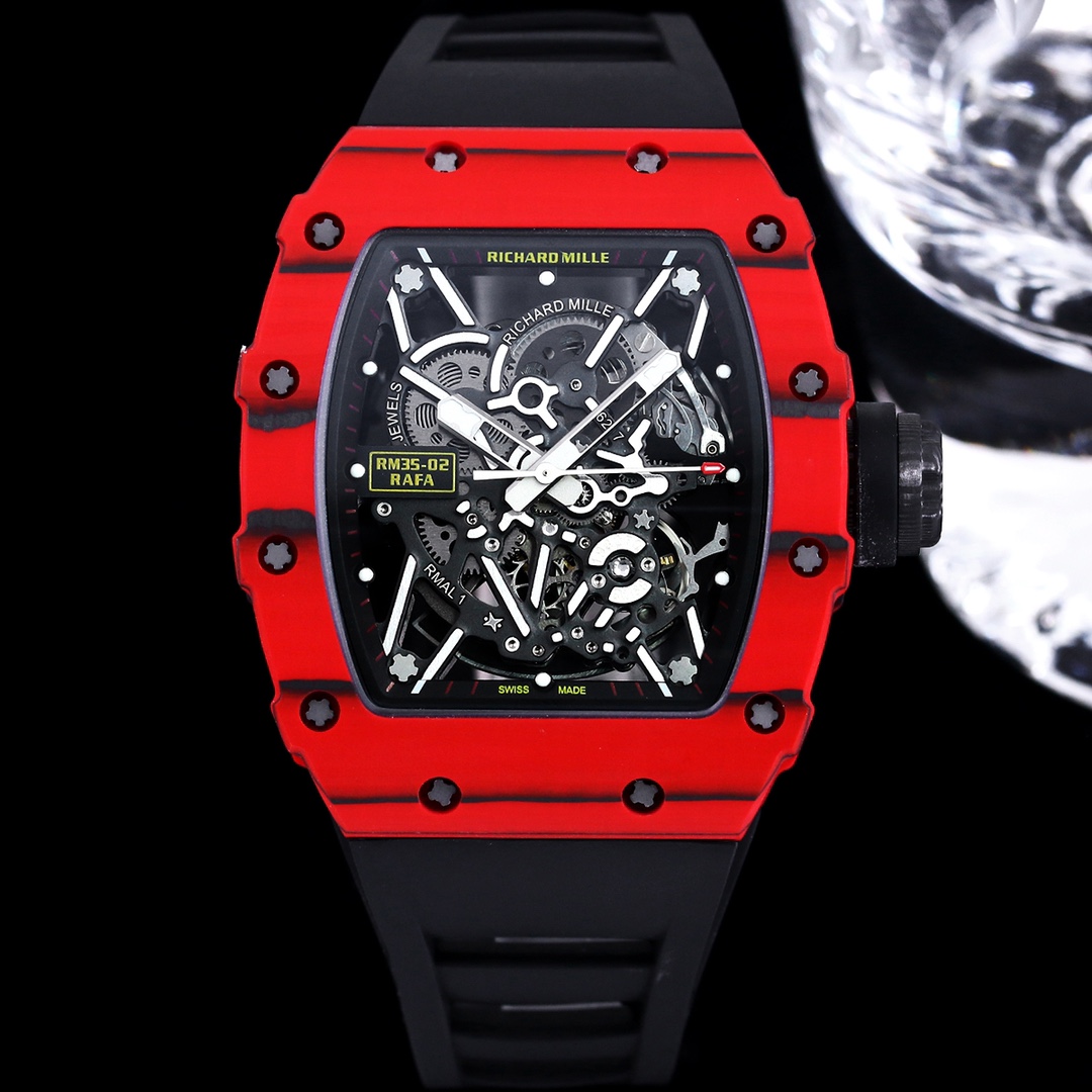 Swiss Replica Richard Mille RM 35-02 Rafael Nadal Red Carbon Watch With Black Rubber Strap – Lightweight And Striking Design