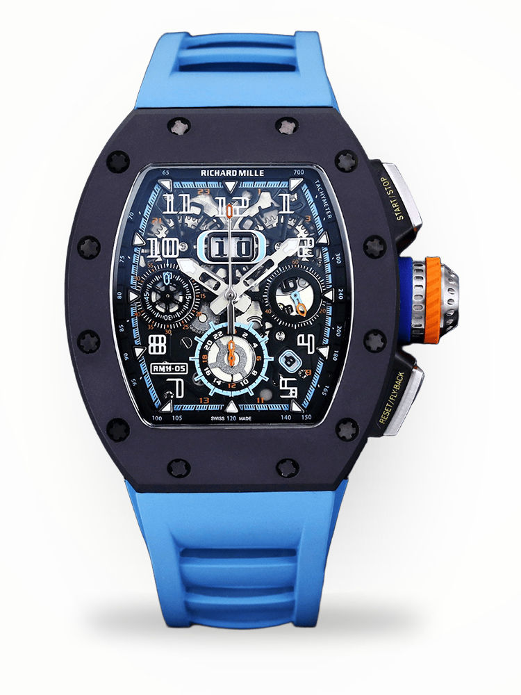 Best Replica Richard Mille RM 11-05 Swiss Watch – Blue Rubber Strap, Skeleton Dial, Carbon Fiber Case