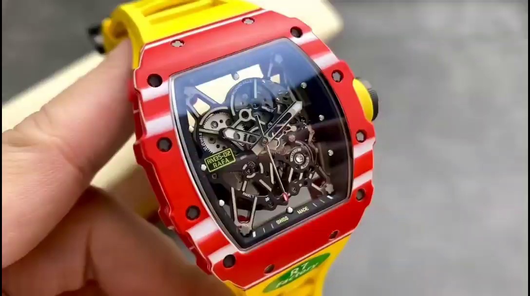 Best Richard Mille RM35-02 Replica – Red Carbon Case, Yellow Strap, Swiss Movement, Skeleton Dial