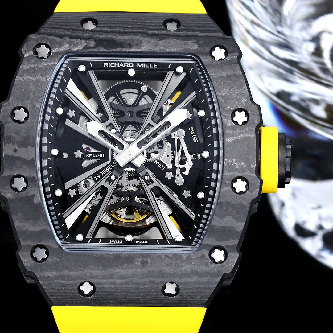 Swiss Replica Richard Mille RM 12-01 Tourbillon – Bold Yellow Rubber Strap, Skeleton Dial, Carbon Case