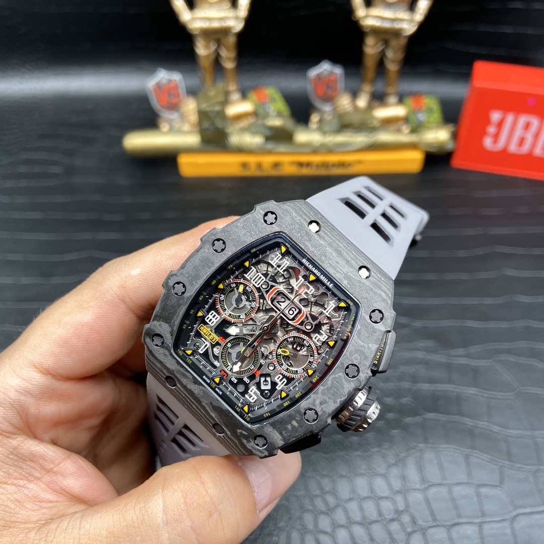 Swiss Richard Mille RM 11 Replica – 49mm Carbon Case, Skeleton Dial, Grey Rubber Strap