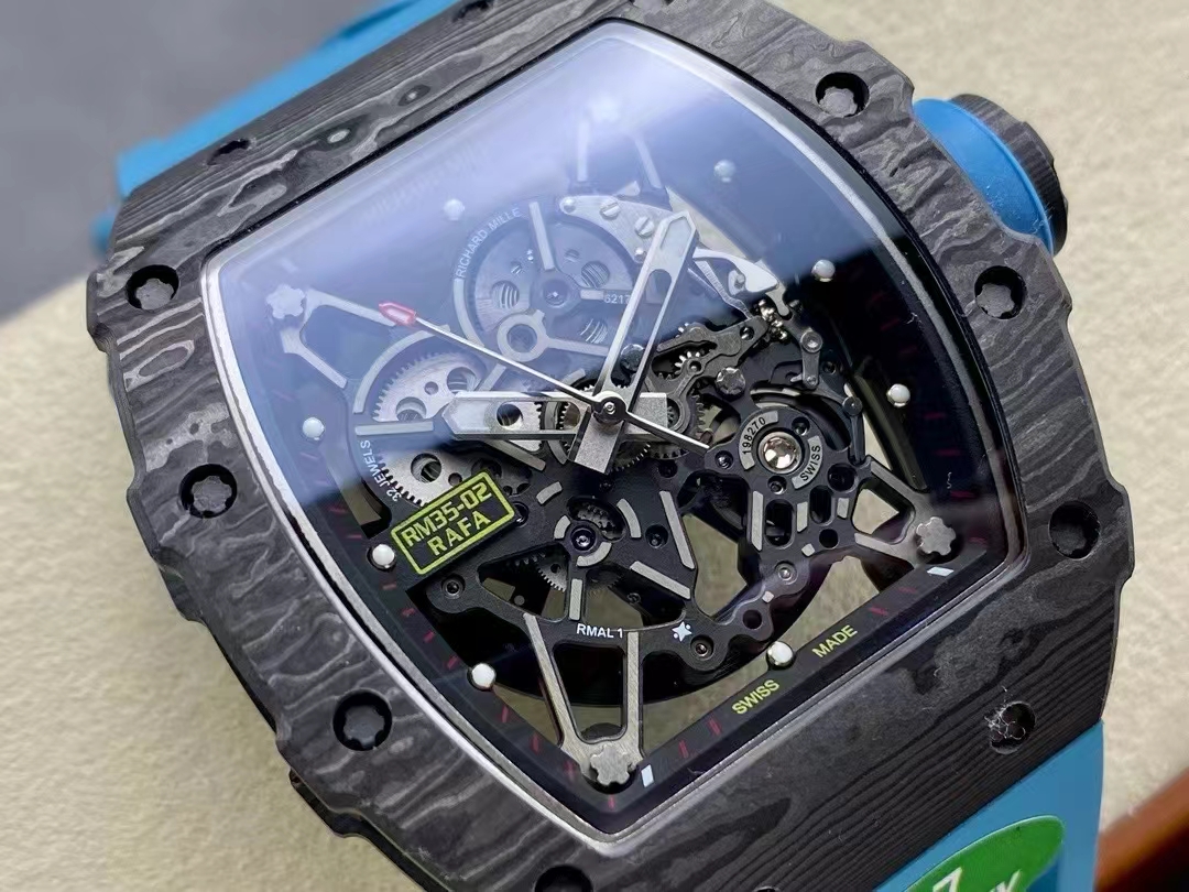 Replica Richard Mille RM 35-02 Swiss NTPT Carbon Fiber Case, Blue Rubber Strap Watch