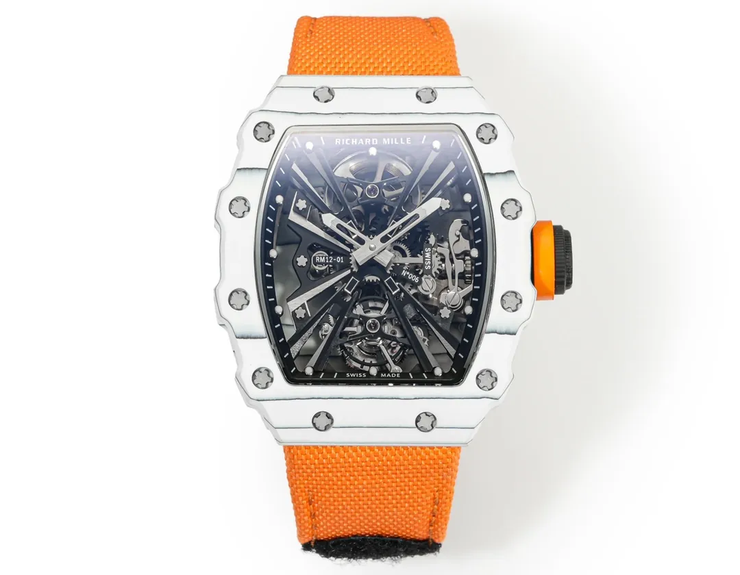Richard Mille RM 12-01 Tourbillon Super Clone - White Carbon Fiber Orange Strap