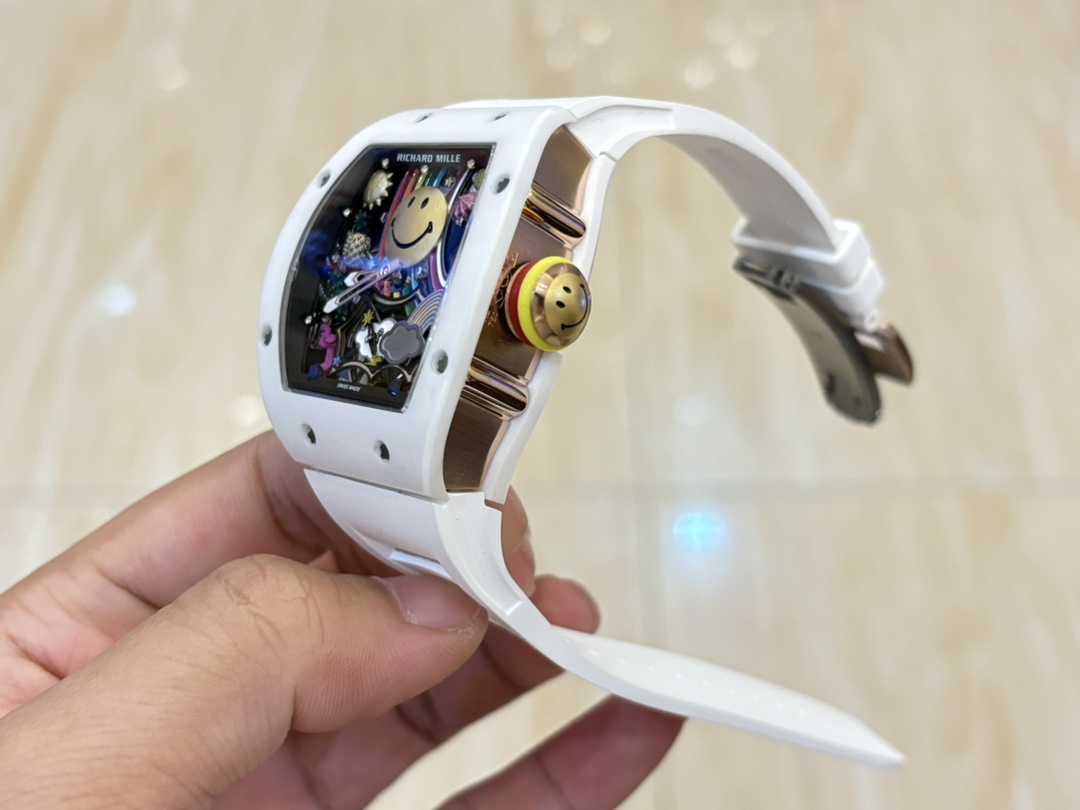 Best Richard Mille RM 88 Smiley Replica Swiss Automatic Tourbillon Watch with White Rubber Strap