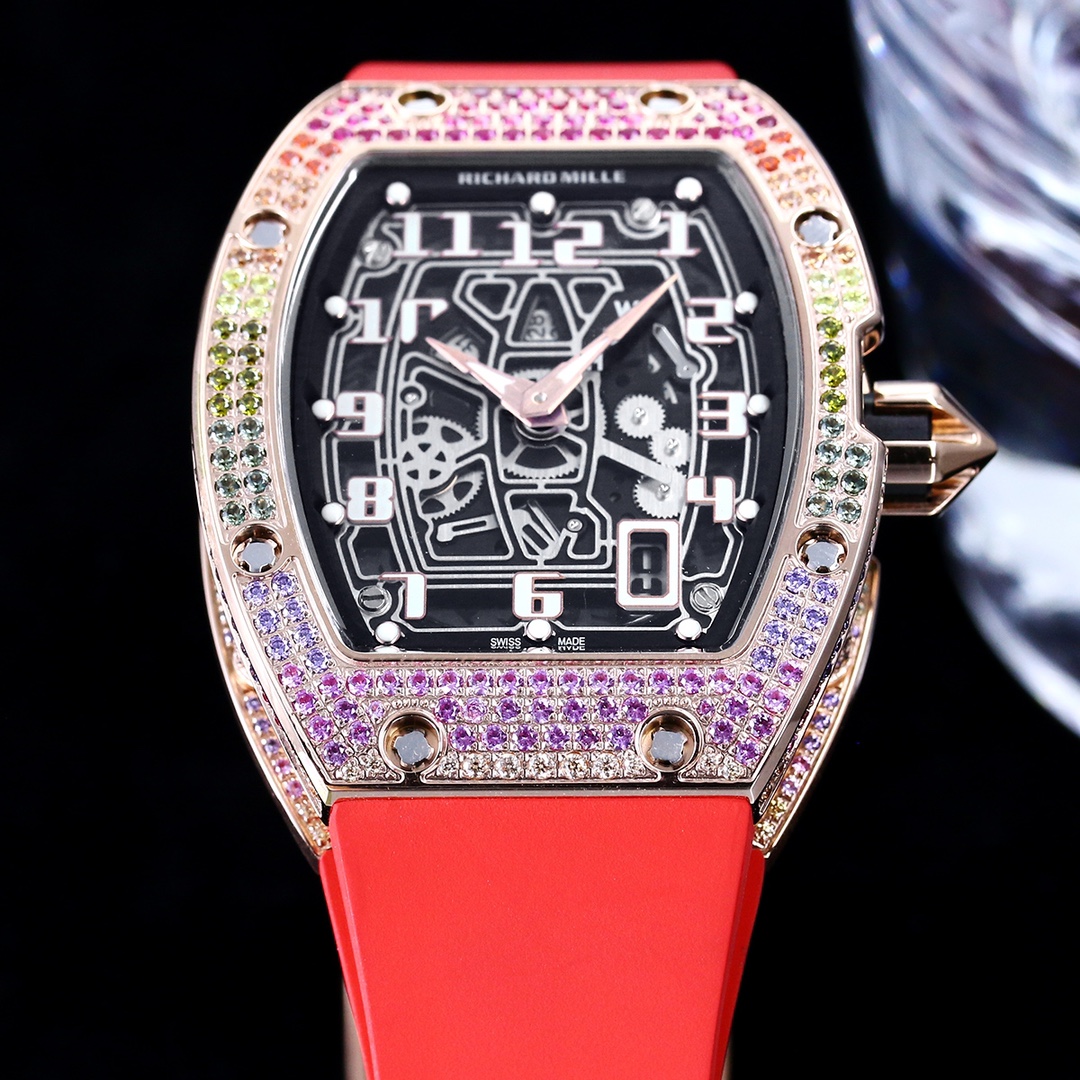 Luxury Replica Richard Mille RM 67-01 Colored Diamond Bezel Red Strap Watch – Skeleton Dial Men’s Timepiece