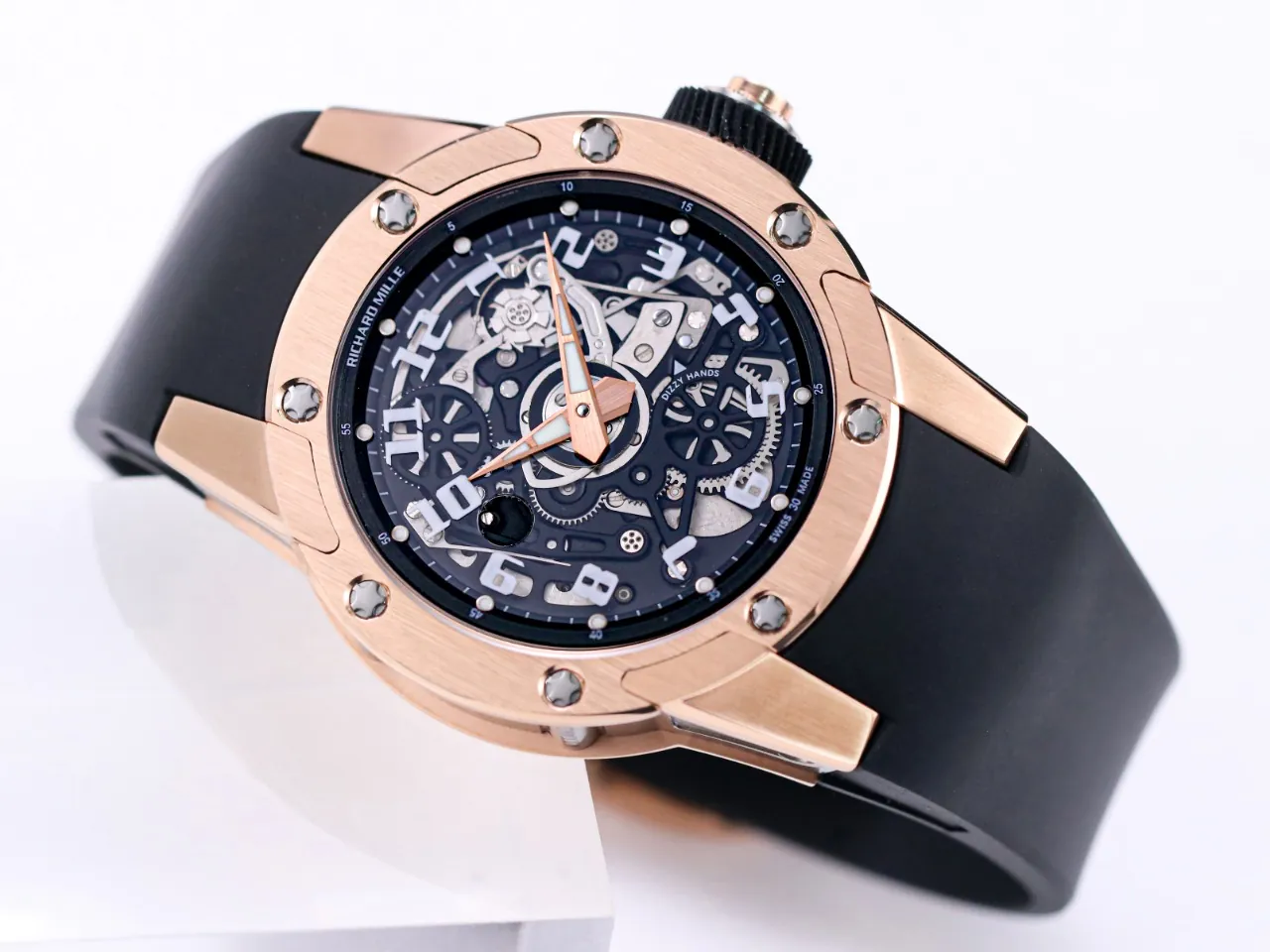 Best Replica Richard Mille RM 63-01 Dizzy Round Skeleton Dial Automatic Watch Big-Date Rose Gold Case