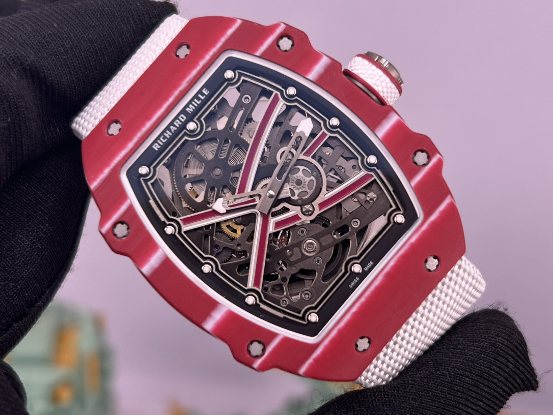 Richard Mille RM 67-02 Mutaz Barshim Replica – Stunning Red Carbon Case, Sports Watch with White Fabric Strap