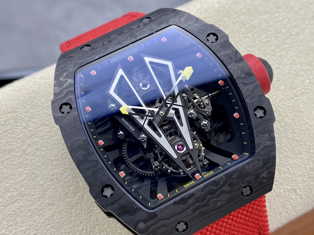 Swiss Replica Richard Mille RM27-03 Black Carbon Fiber Case with Red Woven Strap