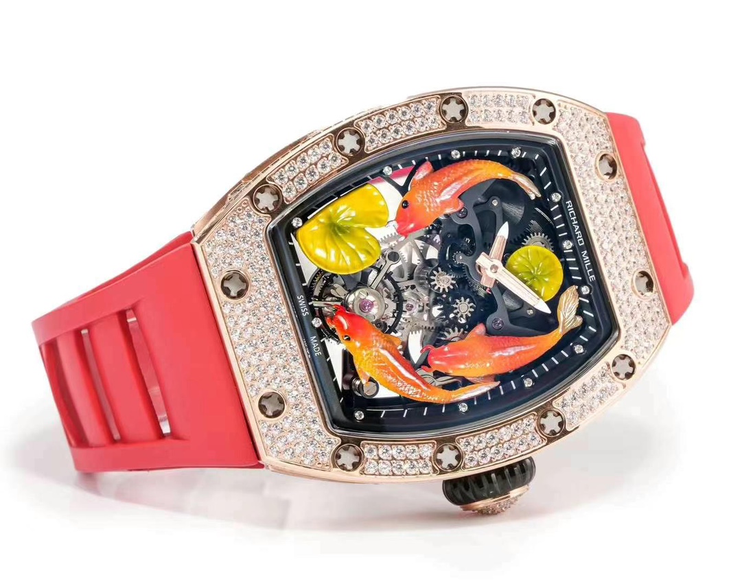 Replica Richard Mille RM S10 Koi Tourbillon Watch Rose Gold with Diamond - Red Rubber Strap
