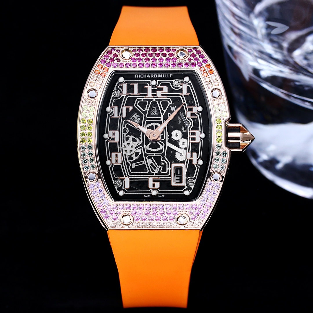 Luxury Replica Richard Mille RM 67-01 Rainbow Diamond Bezel With Orange Rubber Strap Watch