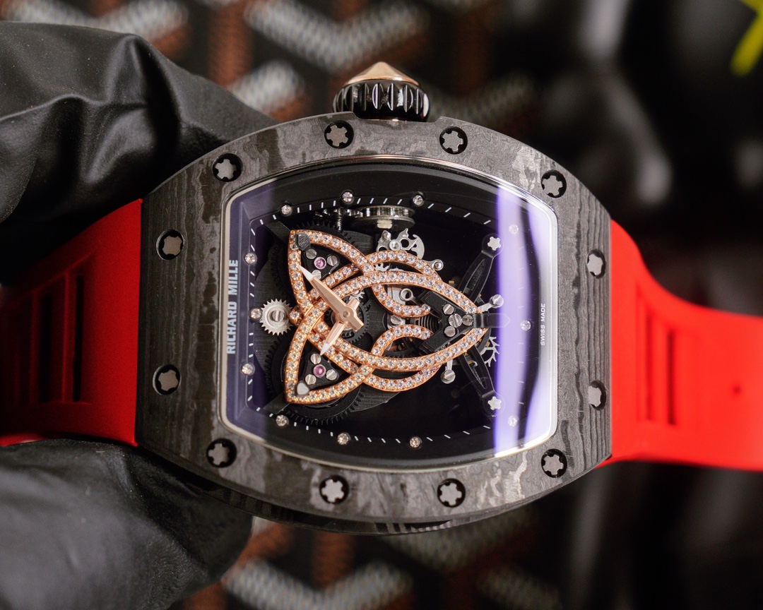 High-end Replica Richard Mille RM 019 NTPT Carbon Case Red Strap Tourbillon Watch Diamond Celtic Knot Skeleton Dial