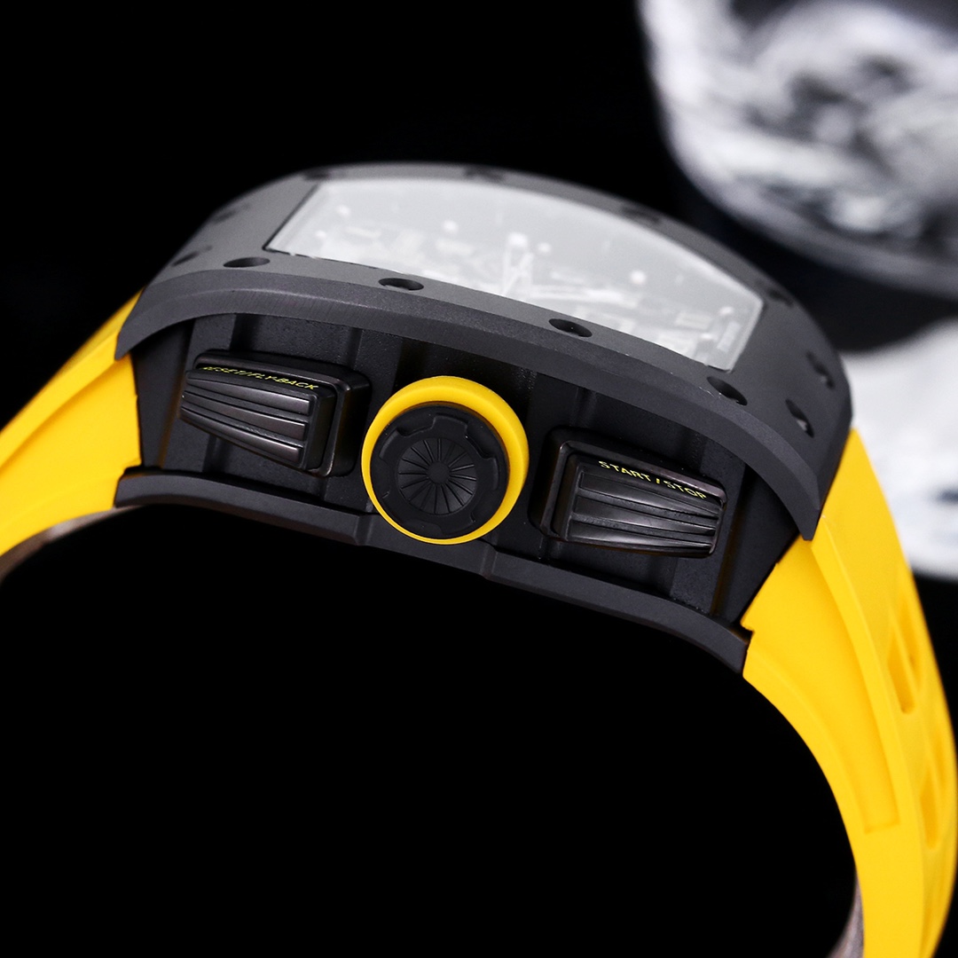 Swiss Replica Richard Mille RM 011-FM Watch – Carbon Fiber Barrel Case, Skeleton Dial, Premium Yellow Rubber Band