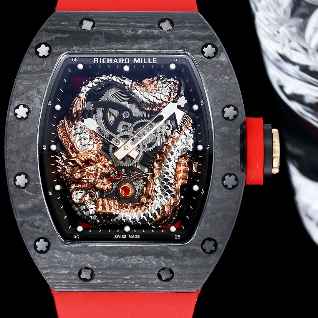 Swiss Replica Richard Mille RM 57-03 Dragon Skeleton Dial, Carbon Fiber Case, Red Rubber Strap Luxury Watch